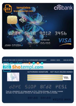 editable template, Côte d'Ivoire Citi bank visa credit card template in PSD format, fully editable