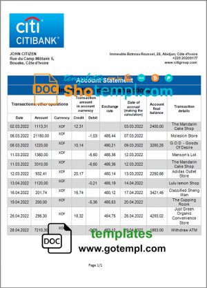 editable template, Cote d'Ivoire Citibank bank statement template in Word and PDF format