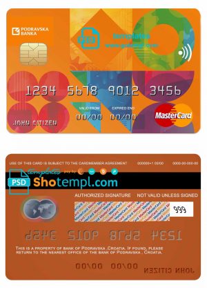 editable template, Croatia Podravska bank mastercard credit card template in PSD format, fully editable