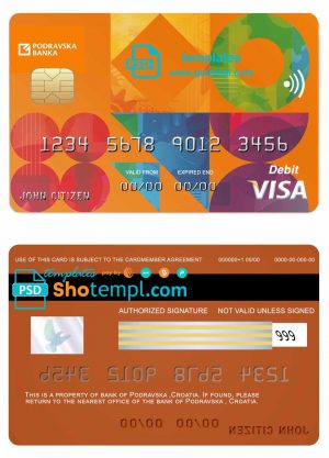 editable template, Croatia Podravska bank visa credit card template in PSD format, fully editable