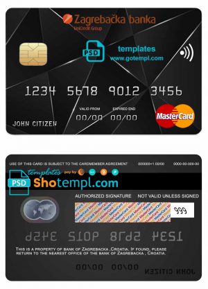 editable template, Croatia Zagrebacka bank mastercard credit card template in PSD format, fully editable