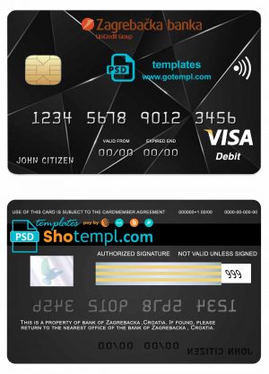 editable template, Croatia Zagrebacka bank visa credit card template in PSD format, fully editable