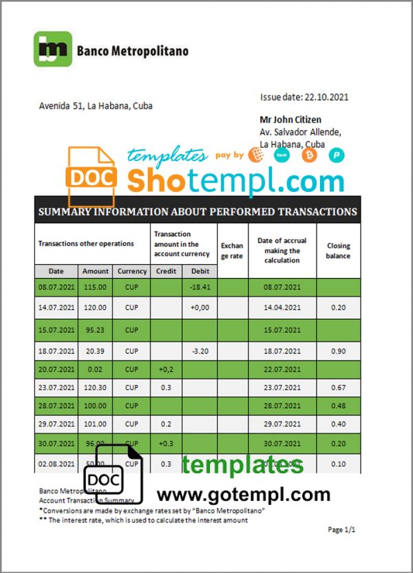 editable template, Cuba Banco Metropolitano bank proof of address statement template in Word and PDF format