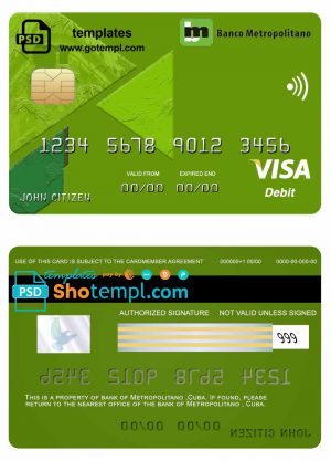 editable template, Cuba Metropolitan bank visa credit card template in PSD format, fully editable