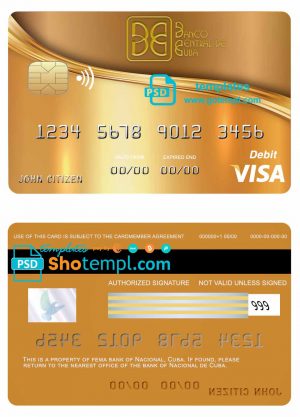 editable template, Cuba Nacional bank visa credit card template in PSD format, fully editable