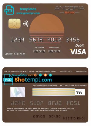 editable template, Cyprus Ancoria bank visa credit card template in PSD format, fully editable