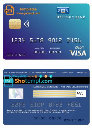 editable template, Cyprus Hellenic bank visa credit card template in PSD format, fully editable