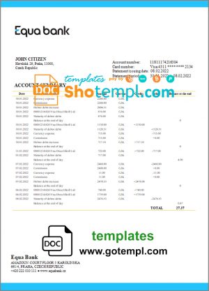 editable template, Czechia Equabank bank statement template in Word and PDF format