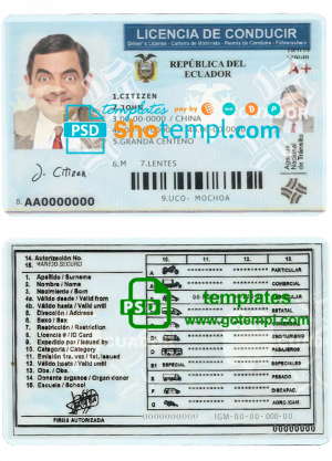 editable template, Ecuador driving license template in PSD format, fully editable
