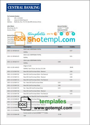 editable template, Eritrea Central bank statement template in Word and PDF format