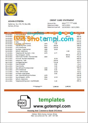 editable template, Eritrea Housing and Commerce bank statement template in Word and PDF format