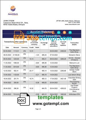 editable template, Ethiopia Awash proof of address bank statement template in Word and PDF format