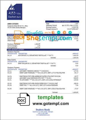 editable template, Ethiopia Dashen proof of address bank statement template in Word and PDF format