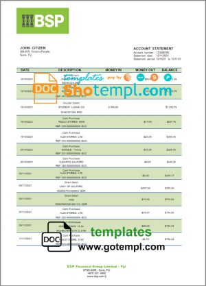 editable template, Fiji Bank of South Pacific bank statement template in Word and PDF format