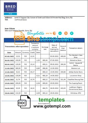 editable template, Fiji Bred bank statement template in Word and PDF format
