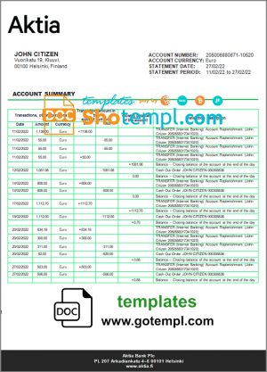 editable template, Finland Aktia Bank statement template in Word and PDF format