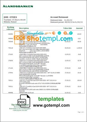 editable template, Finland Aland Bank statement template in Word and PDF format
