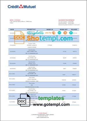 editable template, France Credit Mutuel bank statement template in Word and PDF (.doc and .pdf) format
