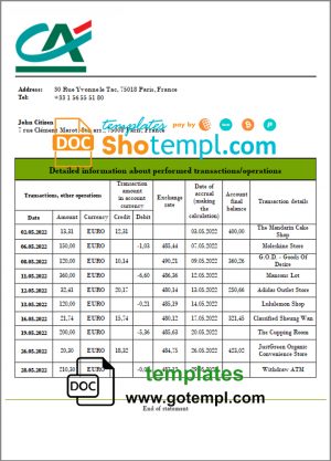 editable template, France Credite Agricole bank statement template in Word and PDF (.doc and .pdf) format