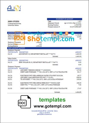 editable template, Gabon Alios Finance bank statement template in Word and PDF format