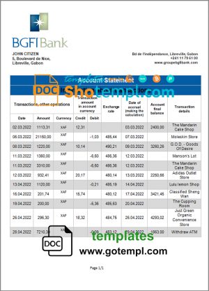 editable template, Gabon BGFI bank statement template in Word and PDF format