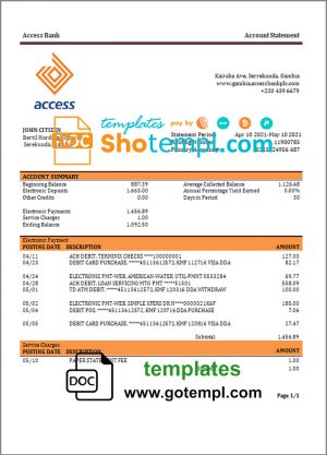editable template, Gambia Access bank statement template in Word and PDF format