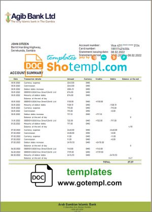 editable template, Gambia Arab Gambian Islamic bank statement template in Word and PDF format