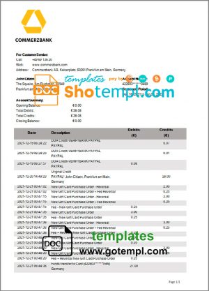 editable template, Germany Commerzbank bank statement template in Word and PDF format