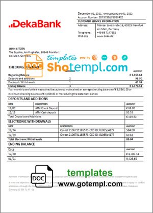 editable template, Germany Dekabank bank statement template in Word and PDF format