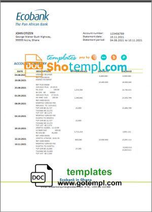 editable template, Ghana Ecobank proof of address bank statement template in Word and PDF format
