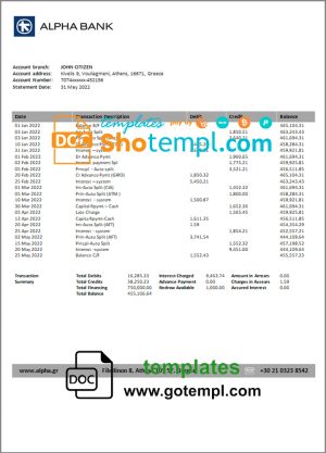 editable template, Greece Alpha bank statement template in Word and PDF format