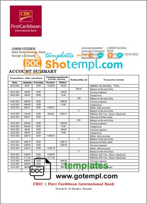 editable template, Grenada CBIC bank statement template in Word and PDF format