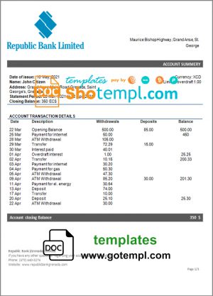 editable template, Grenada Republic bank statement template in Word and PDF format