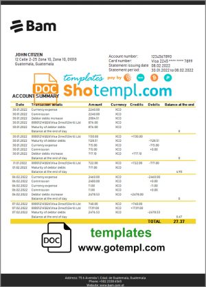 editable template, Guatemala Agromercantil proof of address bank statement template in Word and PDF format (.doc and .pdf)