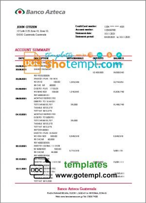 editable template, Guatemala Azteca proof of address bank statement template in Word and PDF format (.doc and