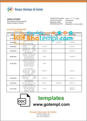 editable template, Guinea Banque Islamique de Guinée proof of address bank statement template in Word and PDF format
