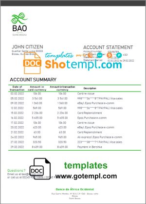 editable template, Guinea-Bissau Banco da Africa Ocidental proof of address bank statement template in Word and PDF format