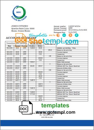 editable template, Guinea-Bissau Banco da Uniao proof of address bank statement template in Word and PDF format