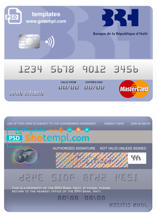 editable template, Haiti BRH bank mastercard template in PSD format, fully editable