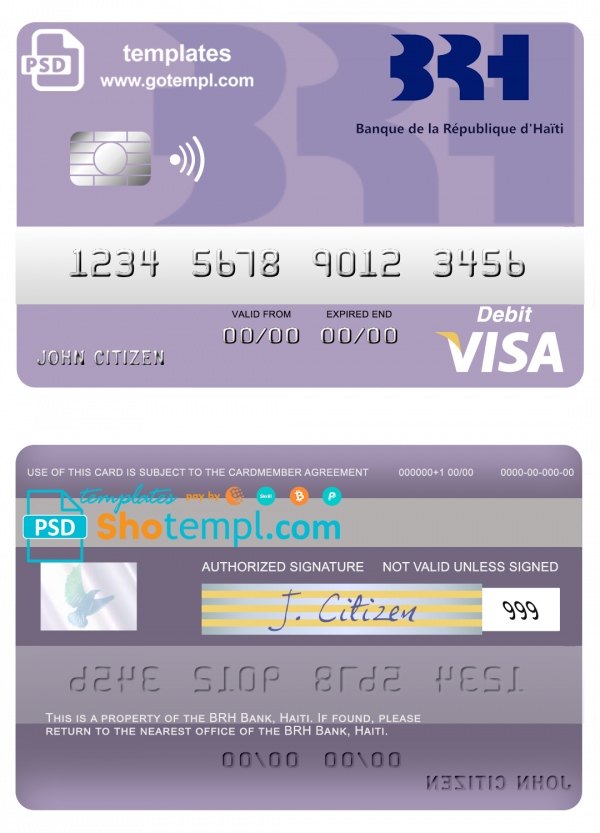 editable template, Haiti BRH bank visa card template in PSD format, fully editable