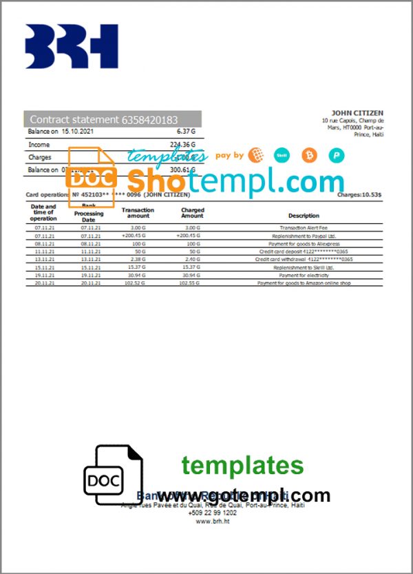 editable template, Haiti BRH bank statement template in Word and PDF format