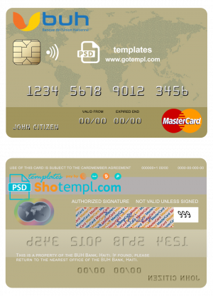 editable template, Haiti BUH Bank mastercard credit card template in PSD format, fully editable