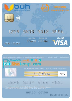 editable template, Haiti BUH Bank visa card template in PSD format, fully editable