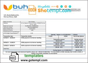 editable template, Haiti BUH bank statement template in Word and PDF format