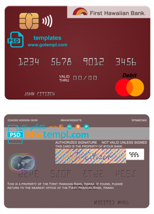 editable template, Hawaii First Hawaiian Bank mastercard template in PSD format, fully editable