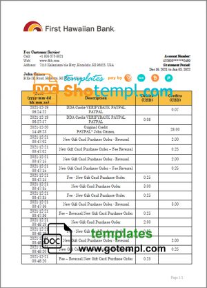 editable template, Hawaii First Hawaiian Bank statement bank statement template in Word and PDF format