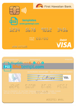 editable template, Hawaii First Hawaiian Bank visa card template in PSD format, fully editable