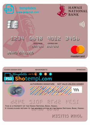 editable template, Hawaii National Bank mastercard template in PSD format, fully editable