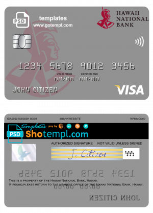 editable template, Hawaii National Bank visa card template in PSD format, fully editable