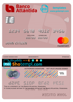 editable template, Honduras Banco Atlantida mastercard template in PSD format, fully editable